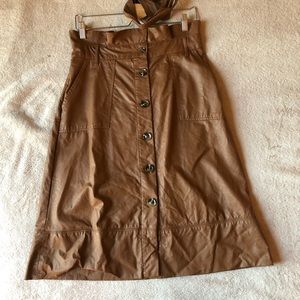 Brown Faux Leather Button Front Midi Skirt with Tie Belt. Size 8.